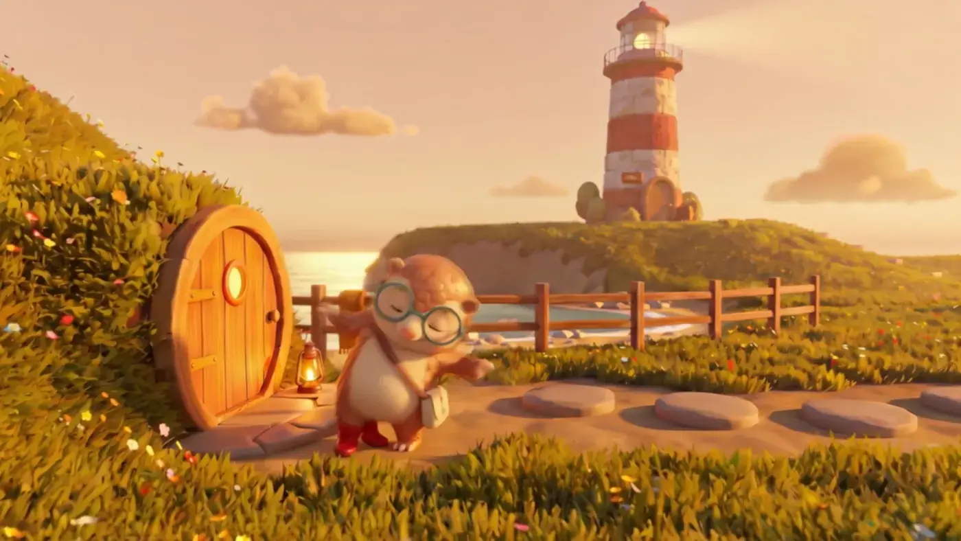 Pebble the pangolin by her burrow door in Lighthouse Cove, with the lighthouse behind her